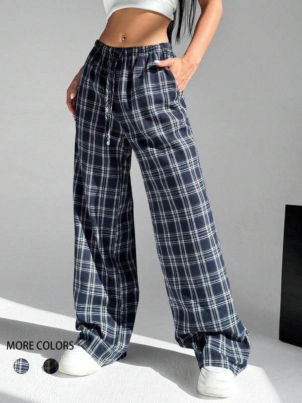 Women's Plaid Print Drawstring Waist Wide Leg Pants, Casual Comfy Pocket Trousers for Fall & Winter, Women's Bottoms for Daily Wear