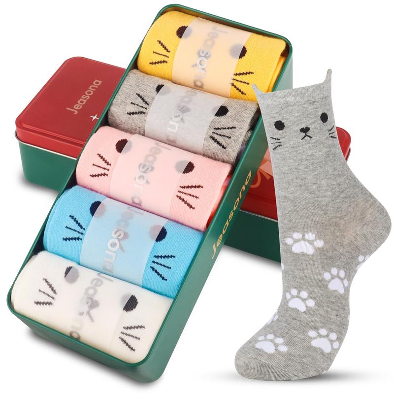 5 Pairs Women's Cat Socks Cat Gifts for Cat Lovers Cat Mom Gifts Cat Gifts for Women Teenage Girls Fabric Lady，Cute gift for Daughter，for son,for child,kid,lovely gift,cure gift,birthday present, Womenswear Animal cute socks