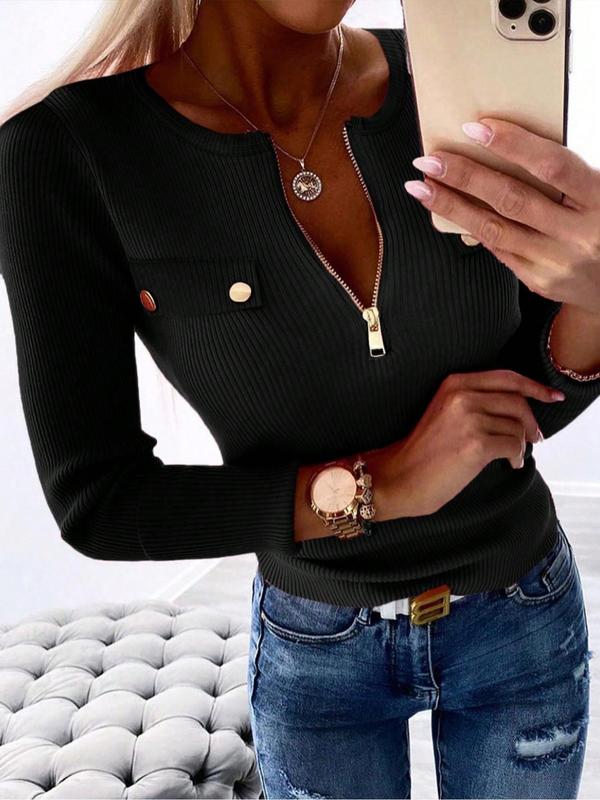 Women's Plain Zipper Half Placket Tee, Casual Long Sleeve Round Neck Top for Daily Wear, Ladies Knitwear for All Seasons