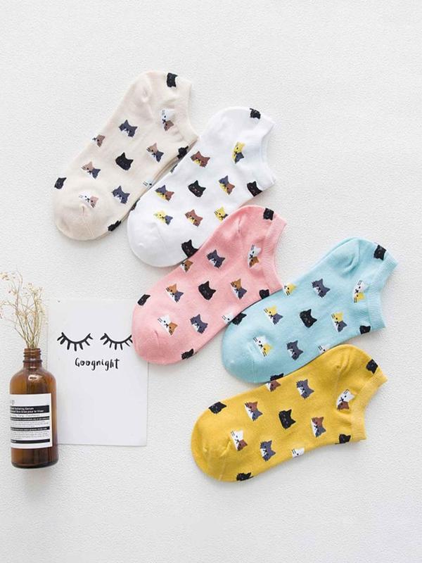 Women's 5 Pairs Cartoon Cat Print Ankle Socks, 5 Pair Set Cute Comfy Breathable Socks for Daily Wear, Women's Socks for Spring Summer Fall