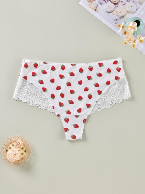 Plus Size Strawberry & Heart Print Contrast Lace Knicker, Comfy Breathable High Stretch Panty for Women, Women's Underwear for All Seasons