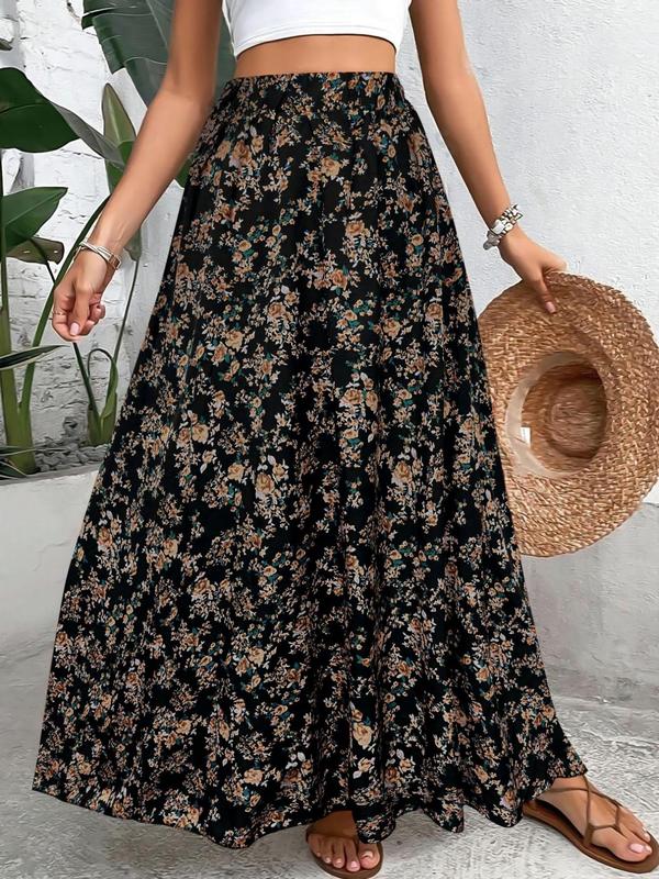 Women's Ditsy Floral Print Elastic Waist A Line Skirt, Boho High Waist Long Skirt For Beach Holiday Vacation, Ladies Spring & Fall Clothes