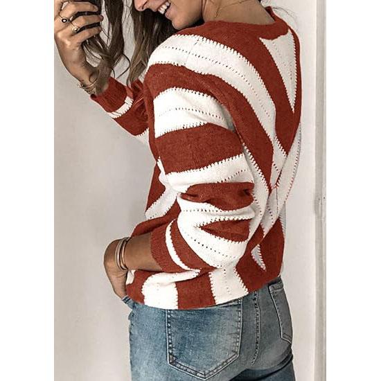 PrettyGarden Women's V Neck Stripe Color Block Loose Oversized Pullover Crochet Sweater Casual Fabric