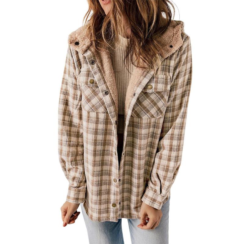 Dokotoo Womens Plaid Shacket Jacket Long Sleeve Button Down Fleece Hooded Jackets Warm Coat