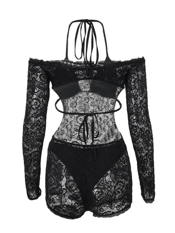 Women's Butterfly Pattern Off Shoulder Lace Romper & Plain Halter Neck Triangle Bra & High Cut Thong, Sexy Fashion Sheer Backless Romper & Tie Back Wireless Bra & Thong for Beach Holiday Vacation, Ladies Clothes for All Seasons