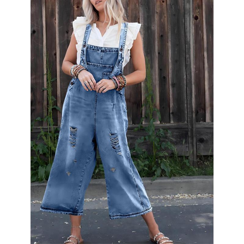 Groanbon Women's Denim Overalls Casual Jumpsuits Loose Fit Adjustable Strap Distressed Bib Jeans Overall Jumpsuits Streetwear Womenswear Bottom Trouser