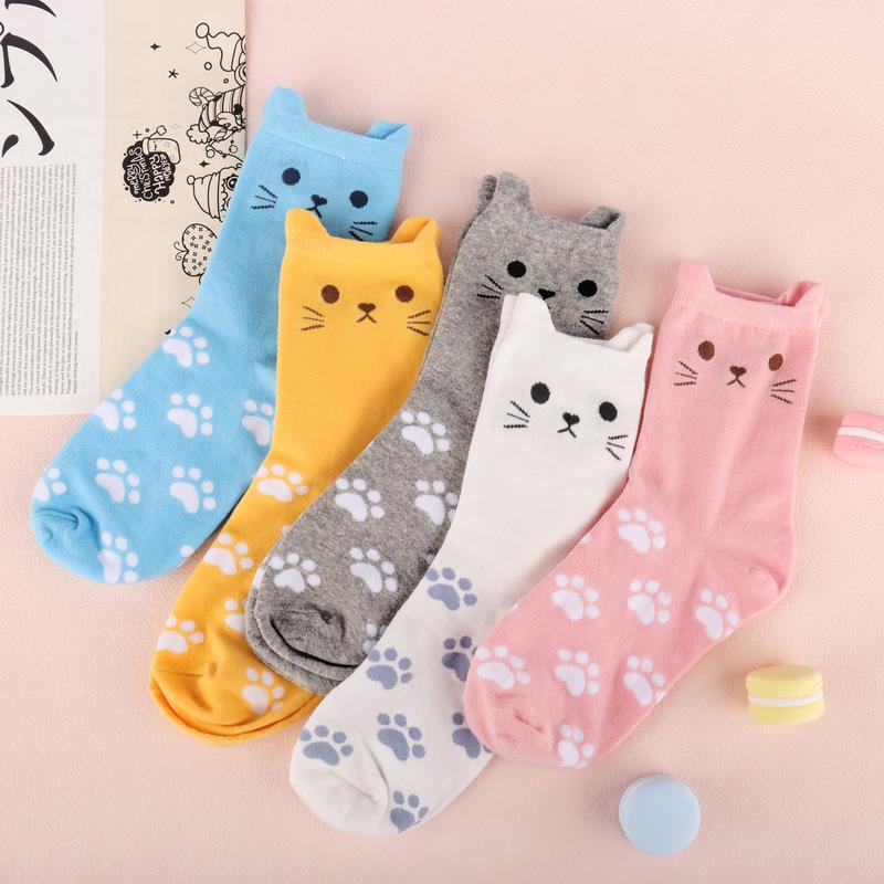 5 Pairs Women's Cat Socks Cat Gifts for Cat Lovers Cat Mom Gifts Cat Gifts for Women Teenage Girls Fabric Lady，Cute gift for Daughter，for son,for child,kid,lovely gift,cure gift,birthday present, Womenswear Animal cute socks