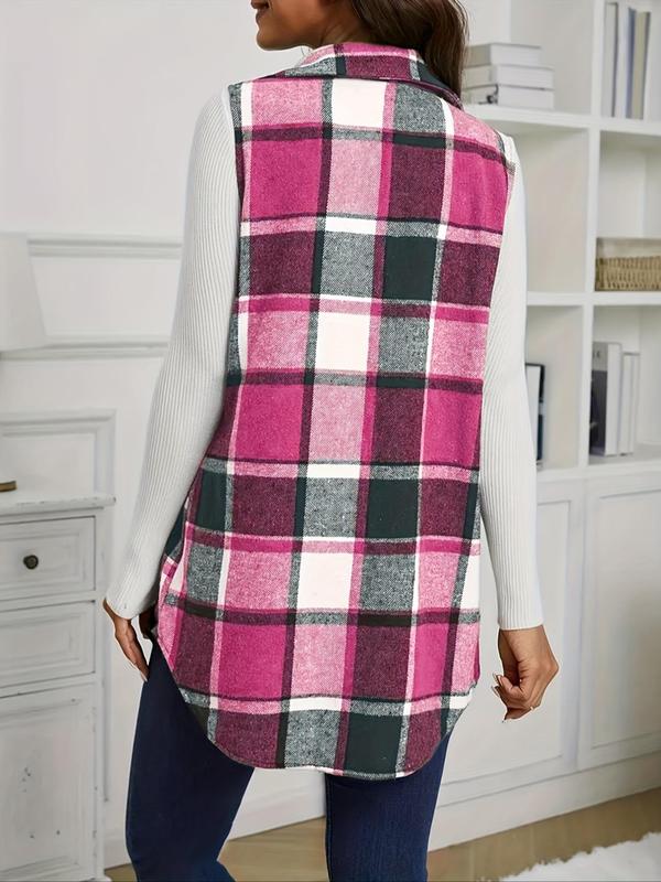 Women's Plaid Print Button Front Pocket Vest Coat, Casual Sleeveless Collared Outerwear for Daily Wear, Ladies Clothes for All Seasons