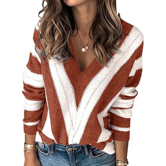 PrettyGarden Women's V Neck Stripe Color Block Loose Oversized Pullover Crochet Sweater Casual Fabric