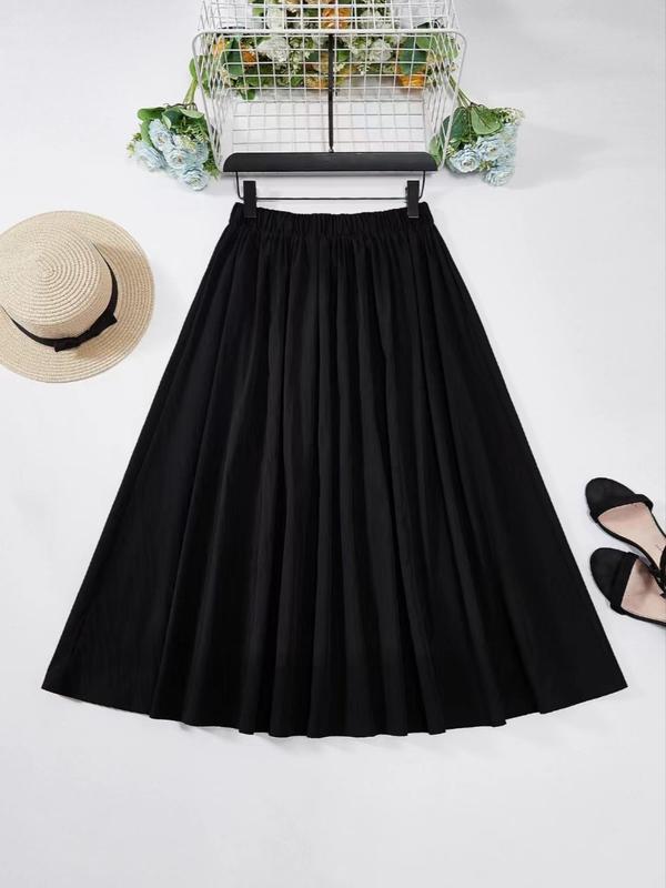  Women's Solid Elastic Waist A Line Skirt, Casual Fashion Midi Skirt for Daily Outdoor Wear, Ladies Bottoms for Spring & Fall