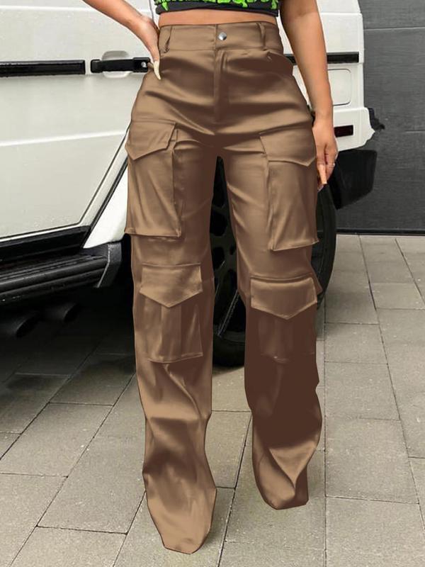 Women's Plain High Waist Cargo Pants, Casual Retro Button Pocket Trousers for Daily Wear, Ladies Bottoms for All Seasons