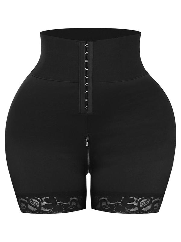 Women's Solid Zipper Contrast Lace Trim Shapewear Shorts, Casual Tummy Control High Waist Butt Lift Shapewear Shorts, Women's Shapewear