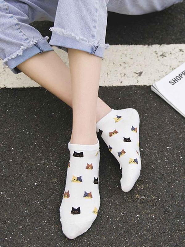 Women's 5 Pairs Cartoon Cat Print Ankle Socks, 5 Pair Set Cute Comfy Breathable Socks for Daily Wear, Women's Socks for Spring Summer Fall