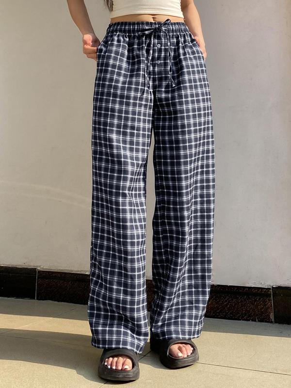 Women's Plaid Print Fake Buttons Drawstring Waist Pants, Y2K Fashion Comfy Straight Leg Trousers for Daily Wear, Ladies Bottoms for Spring & Fall