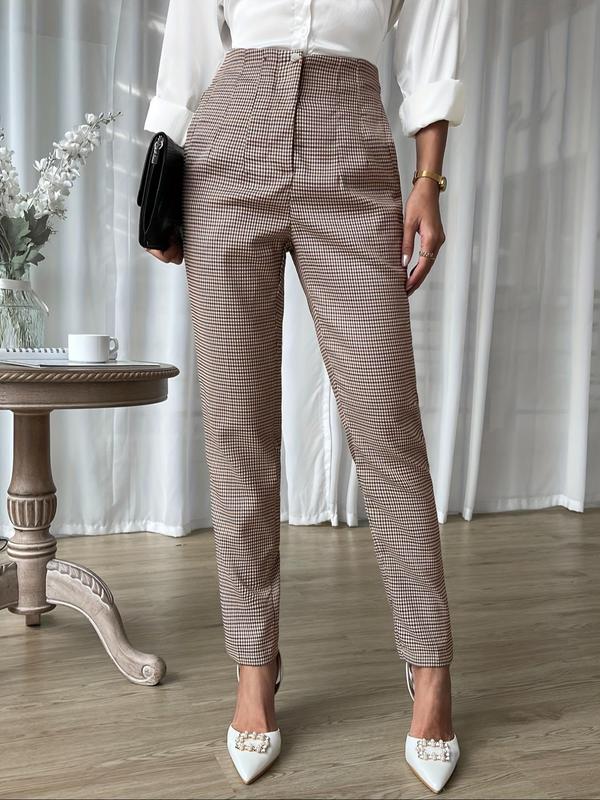 Women's Plaid Print Button Fly Pants, Casual Slim Fit High Waist Trousers for Spring & Fall, Women's Bottoms for Daily Wear