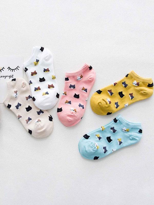 Women's 5 Pairs Cartoon Cat Print Ankle Socks, 5 Pair Set Cute Comfy Breathable Socks for Daily Wear, Women's Socks for Spring Summer Fall