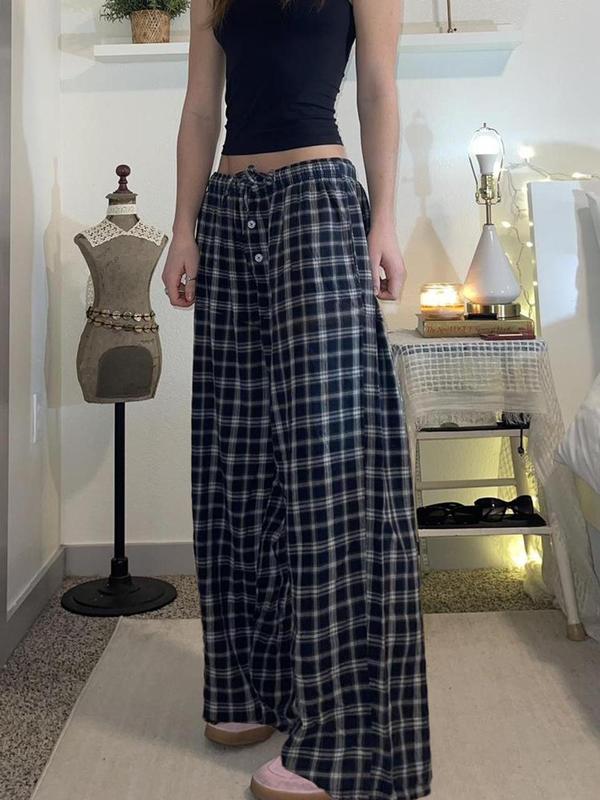 Women's Plaid Print Fake Buttons Drawstring Waist Pants, Y2K Fashion Comfy Straight Leg Trousers for Daily Wear, Ladies Bottoms for Spring & Fall