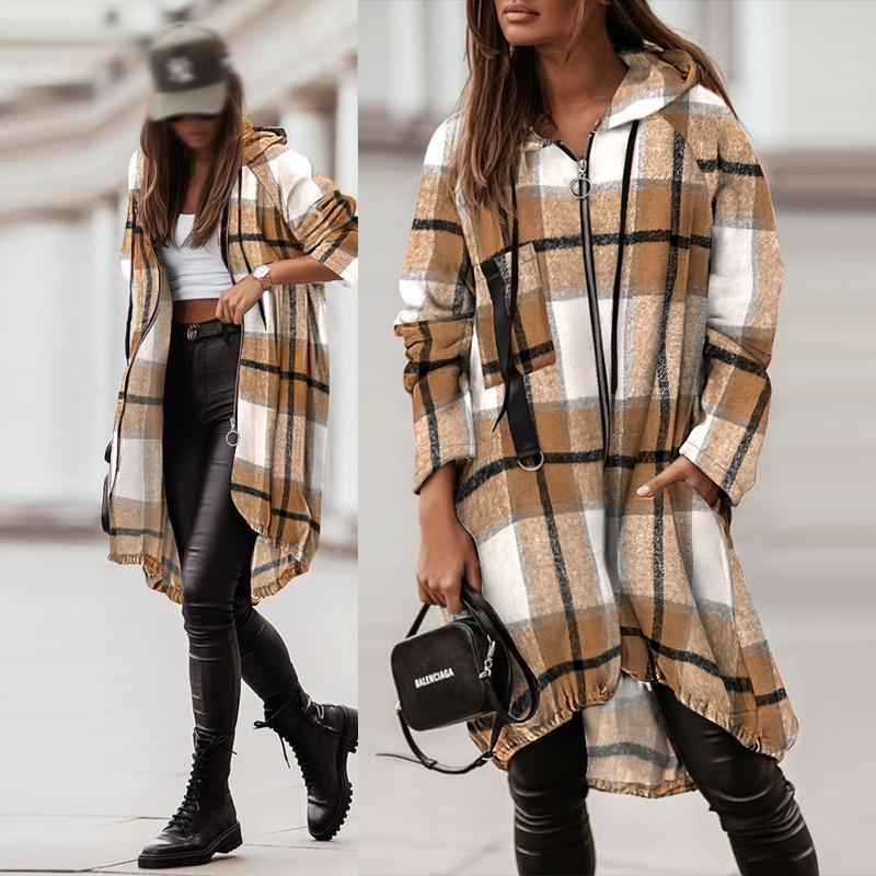 Chicme Plaid Print Zip Up Pocket Design Oversized Hooded Shacket cropped coat women s flannel shirt jacket Plus Size Plaid Drop Shoulder Blouse pink  shirt lady Plus Size Women's Double Button Lapel Coat