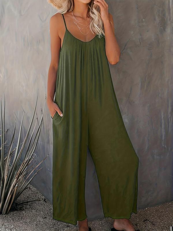 Women's Chic Simple Adjustable Strap Sleeveless Wide Leg Jumpsuit with Pockets, Lady Minimalist Breathable Solid Spaghetti Strap Loose Cami Jumpsuit, Back To School Outfits, One Piece Jumpsuit, Summer Outfits 2024, Downtown Girl Clothes