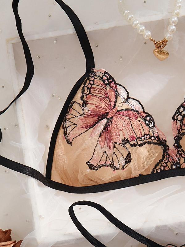 Two-Piece Set Women's Butterfly Embroidery Contrast Binding Lace Bra & Thong Two-piece Set, Casual Comfy Breathable Two-piece Lingerie Set for Daily Wear, Underwear Set for All Seasons