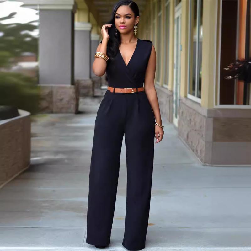 Spring and autumn sexy elastic high-waisted V-neck wide-leg pants irregular jumpsuit with belt