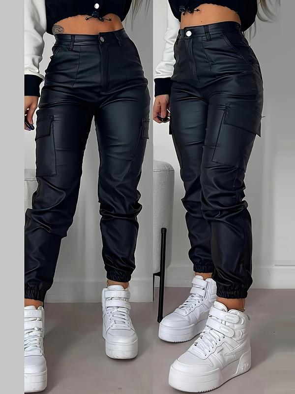 Women's Solid Button Pocket Cargo Pants, Elegant Fashion Casual Trousers for Daily Outdoor Wear, Ladies Bottoms for All Seasons