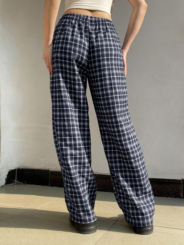 Women's Plaid Print Fake Buttons Drawstring Waist Pants, Y2K Fashion Comfy Straight Leg Trousers for Daily Wear, Ladies Bottoms for Spring & Fall