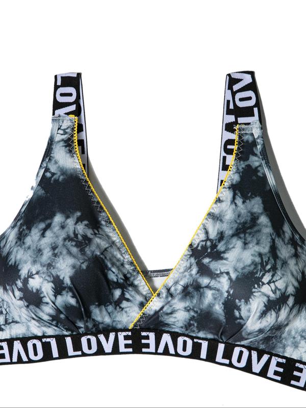 Plus Size Tie Dye Letter Tape Lace Trim Deep V Neck Bra & High Waist Panty Set, Soft Comfy Breathable Underwear Set, Sexy Lingerie Set for All Seasons