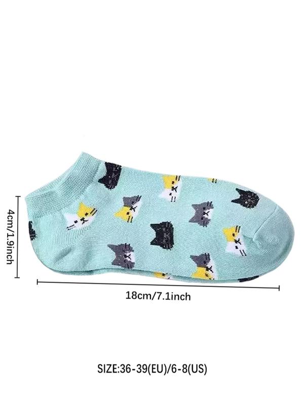 Women's 5 Pairs Cartoon Cat Print Ankle Socks, 5 Pair Set Cute Comfy Breathable Socks for Daily Wear, Women's Socks for Spring Summer Fall