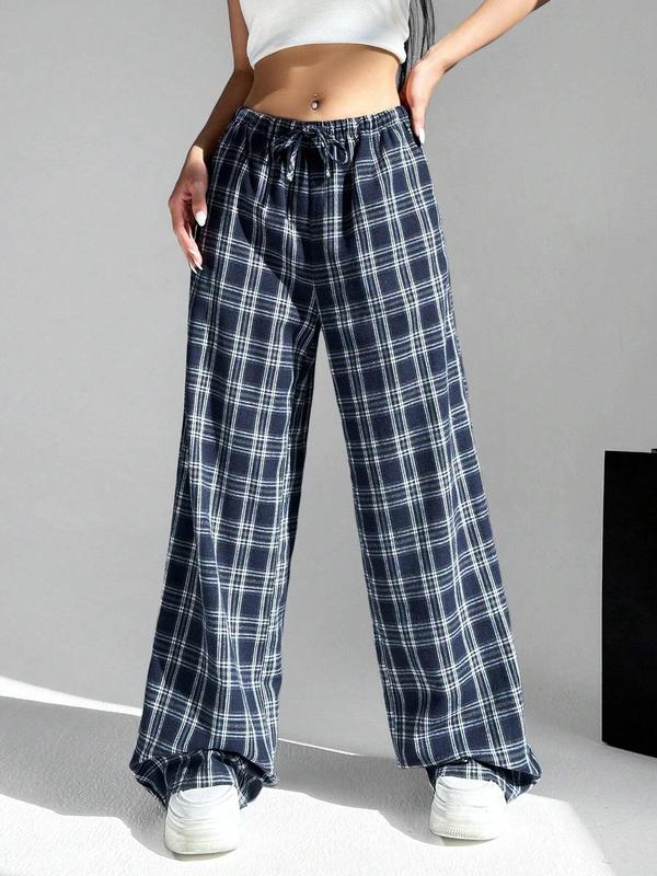 Women's Plaid Print Drawstring Waist Wide Leg Pants, Casual Comfy Pocket Trousers for Fall & Winter, Women's Bottoms for Daily Wear