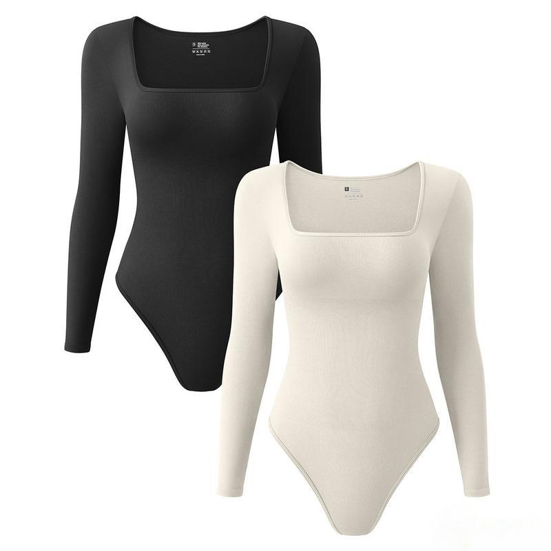 Women's Ribbed Bodysuit - Sexy Square Neck Long Sleeve - 2 Piece Set - Tops, Womenswear - Lady, Underwear Comfort Longsleeves Basic Minimalist fitness long sleeve