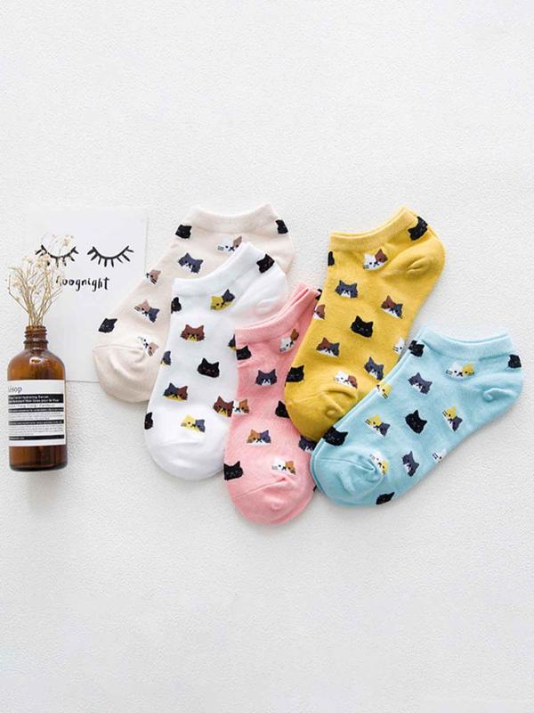 Women's 5 Pairs Cartoon Cat Print Ankle Socks, 5 Pair Set Cute Comfy Breathable Socks for Daily Wear, Women's Socks for Spring Summer Fall