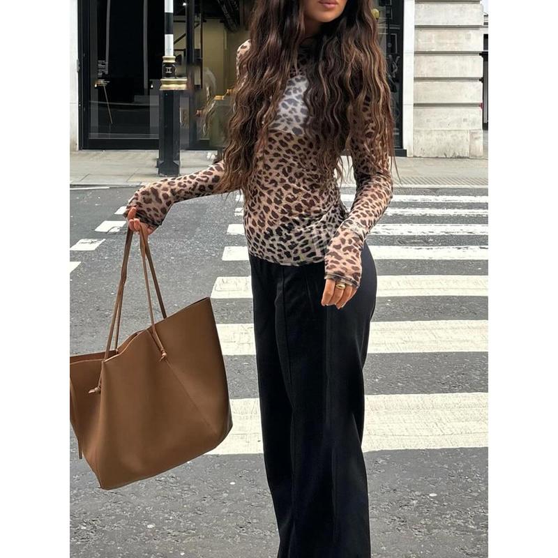 Women Long Sleeve T-Shirts Leopard Print Mesh Sheer Round Neck Casual Shirts Spring Fall Slim Fit Tops