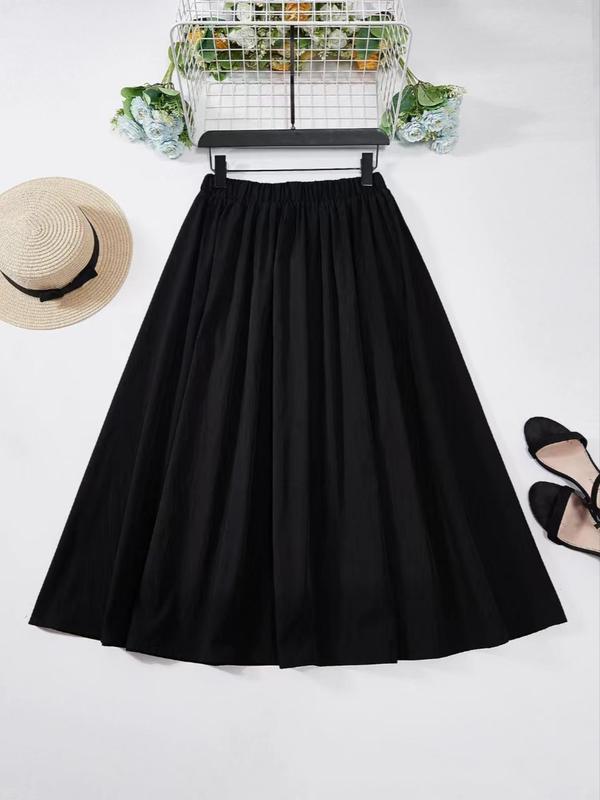  Women's Solid Elastic Waist A Line Skirt, Casual Fashion Midi Skirt for Daily Outdoor Wear, Ladies Bottoms for Spring & Fall