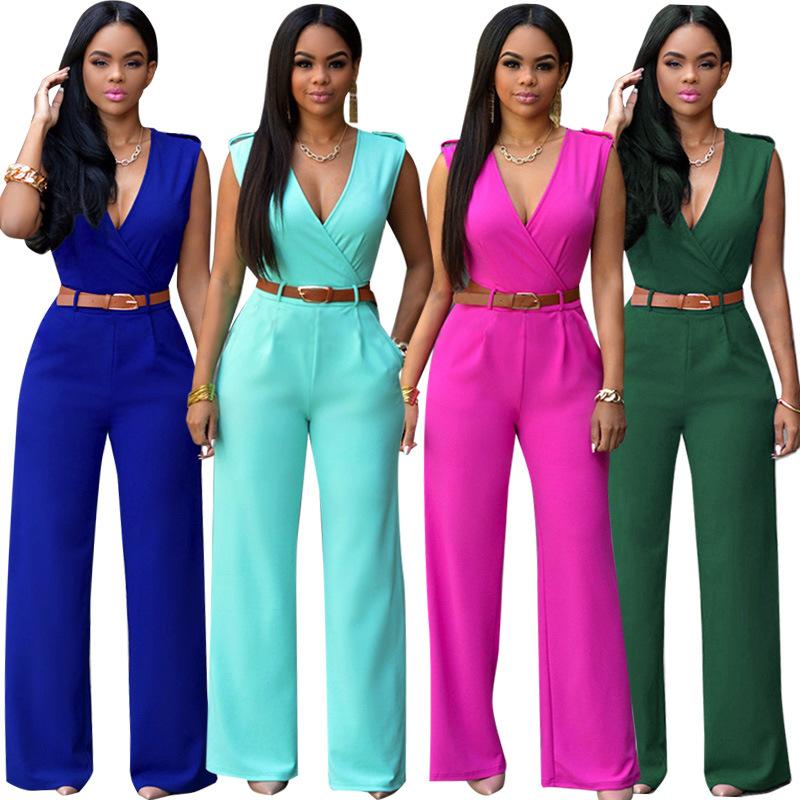 Spring and autumn sexy elastic high-waisted V-neck wide-leg pants irregular jumpsuit with belt