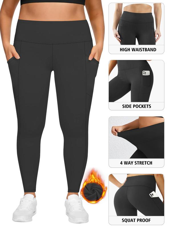  Solid High Waist Pocket Leggings, Casual Comfy Thermal Lined Skinny Pants for Women, Leggings for Women, Women's Bottoms for Fall & Winter