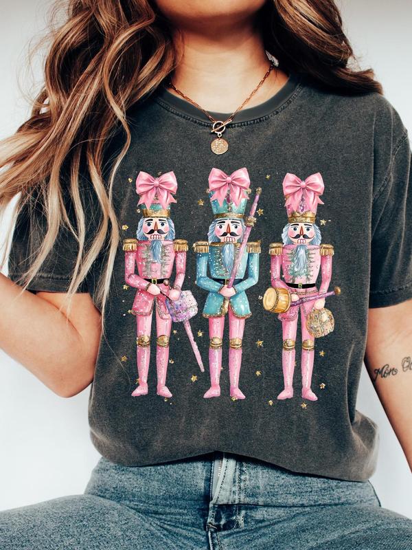 Women's Cartoon Nutcracker Print Round Neck Tee, Casual Short Sleeve Crew Neck T-shirt for All Seasons, Fashion Women's Top for Daily Wear