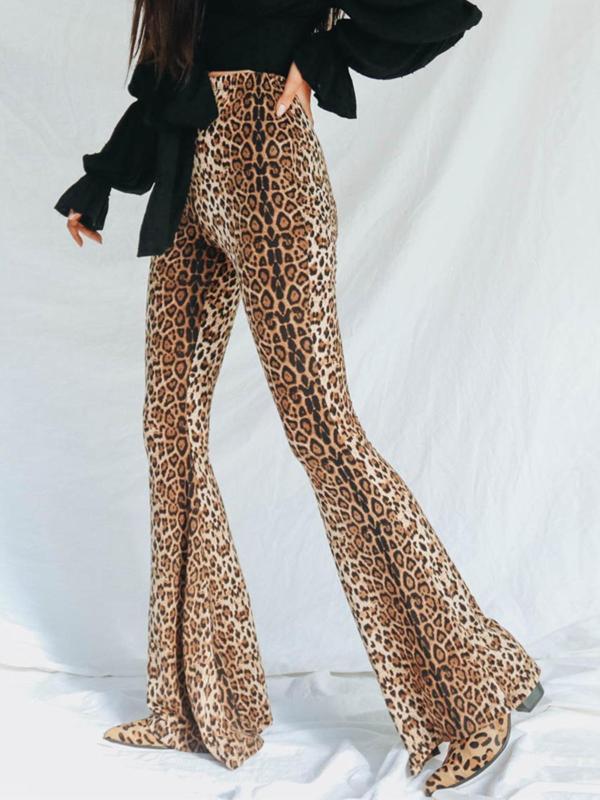 Women's Leopard Print High Waist Flare Leg Pants, Street Style Bell Bottom Trousers For Party Club, Ladies Bottoms For All Seasons