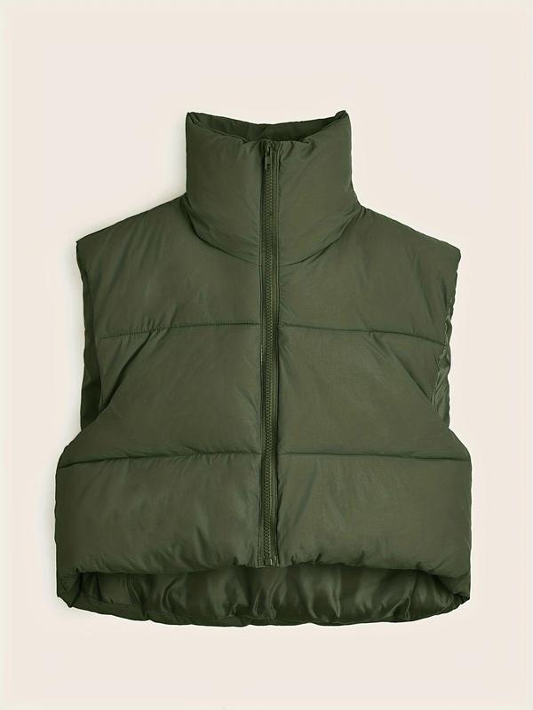 Women's Solid High Neck Zip Up Puffer Vest, Casual Thermal Outerwear for Fall & Winter, Women's Clothing Tops for Daily Wear,  Winter Clothes Women, Fall Outfits, Earthtone Fallfreshness, Fall Clothes