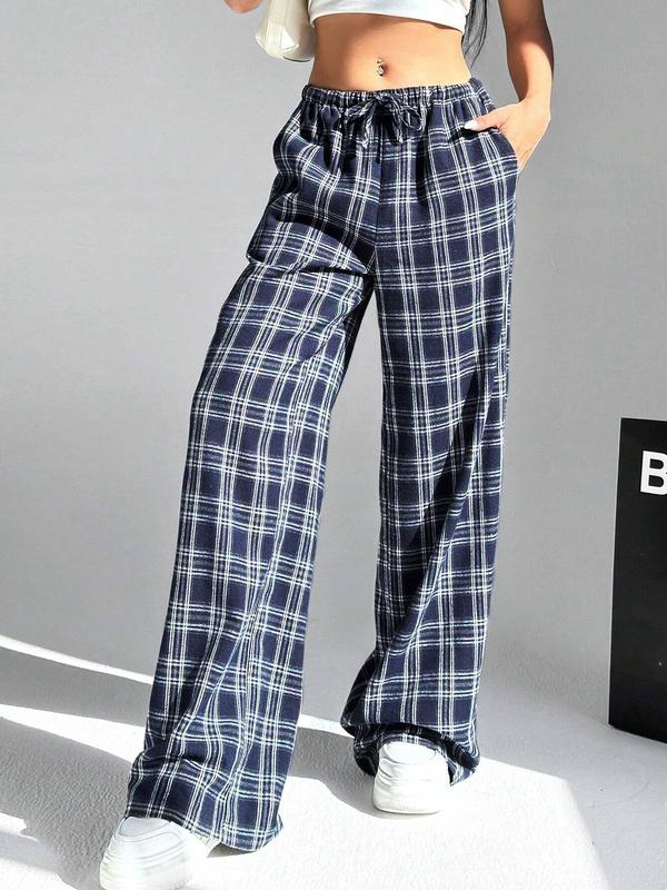 Women's Plaid Print Drawstring Waist Wide Leg Pants, Casual Comfy Pocket Trousers for Fall & Winter, Women's Bottoms for Daily Wear