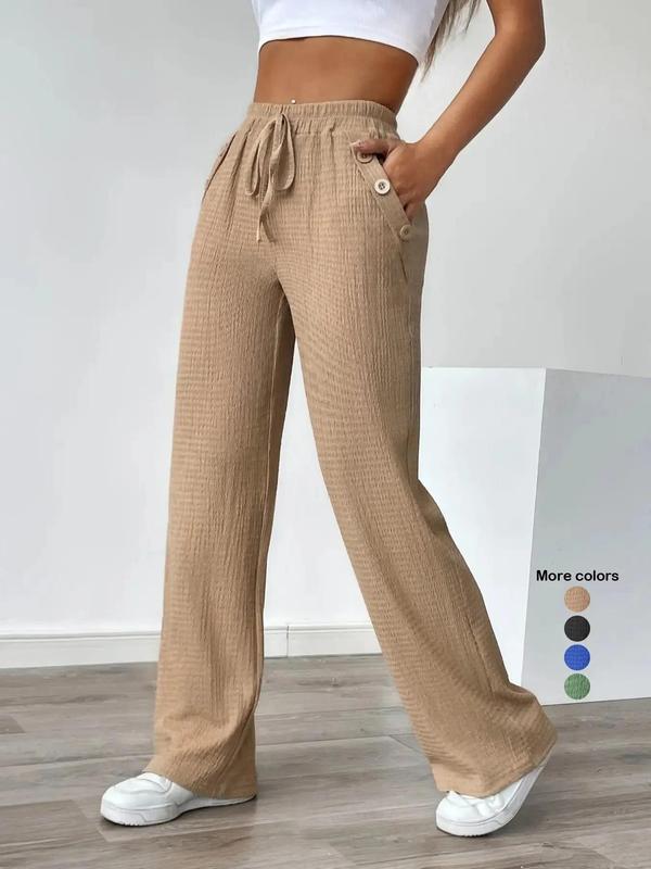 Women's Solid Fake Buttons Decor Drawstring Waist Pants, Casual Pocket Trousers for Spring & Fall, Women's Bottoms for Daily Wear