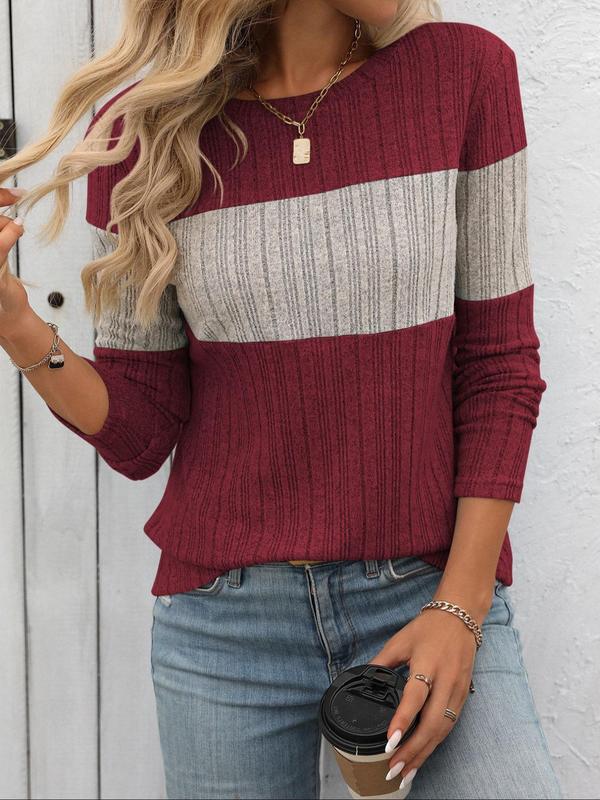 Women's Colorblock Print Round Neck Tee, Casual Long Sleeve Crew Neck T-shirt for Fall & Winter, Fashion Ladies' Knitwear for Daily Wear