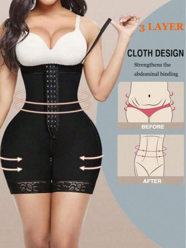 Women's Contrast Lace Adjustable Hook & Eye Waist Shapewear Shorts, Firm Adjustable Strap Tummy Control Shaper, High Stretch Seamless Shapewear Bottoms for All Seasons