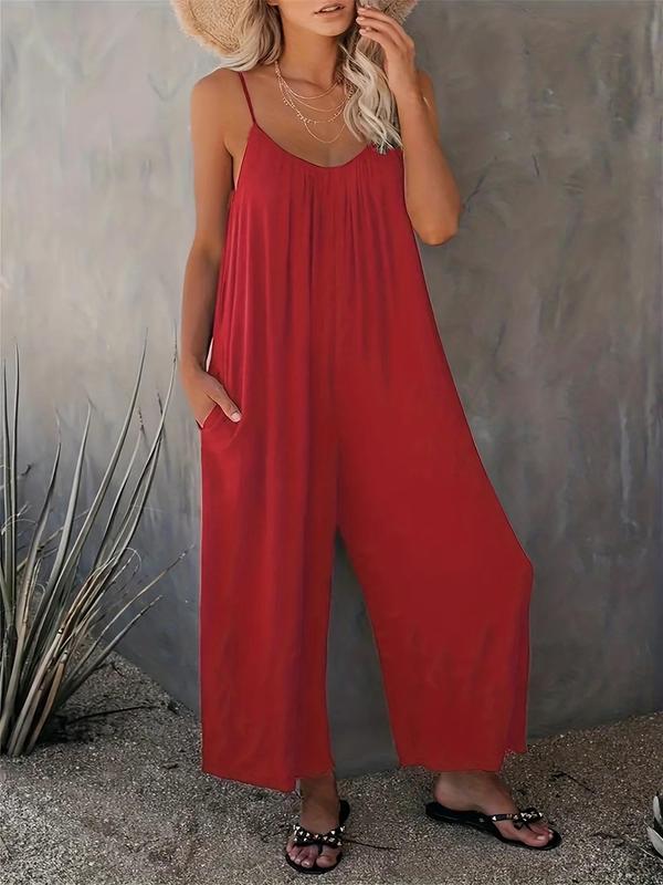 Women's Chic Simple Adjustable Strap Sleeveless Wide Leg Jumpsuit with Pockets, Lady Minimalist Breathable Solid Spaghetti Strap Loose Cami Jumpsuit, Back To School Outfits, One Piece Jumpsuit, Summer Outfits 2024, Downtown Girl Clothes