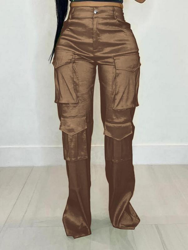 Women's Plain High Waist Cargo Pants, Casual Retro Button Pocket Trousers for Daily Wear, Ladies Bottoms for All Seasons