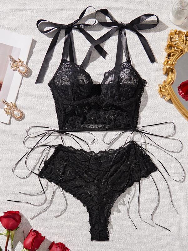 Women's Contrast Lace Bow Decor Bra & Flower Decor Panty Two-Piece Set, Sexy Elegant Embroidery Lingerie Set, Ladies Underwear Set for All Seasons