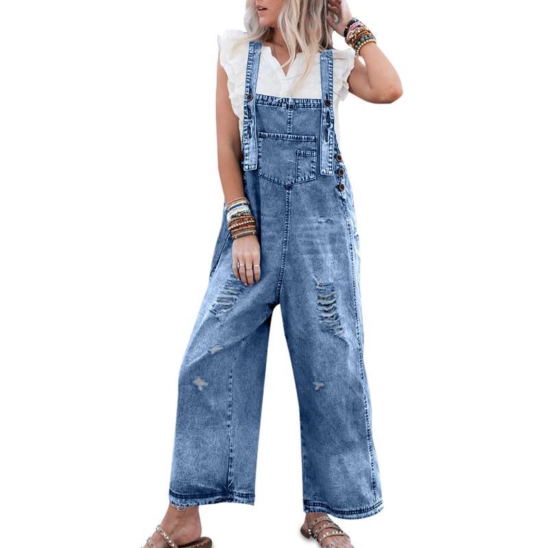 Groanbon Women's Denim Overalls Casual Jumpsuits Loose Fit Adjustable Strap Distressed Bib Jeans Overall Jumpsuits Streetwear Womenswear Bottom Trouser