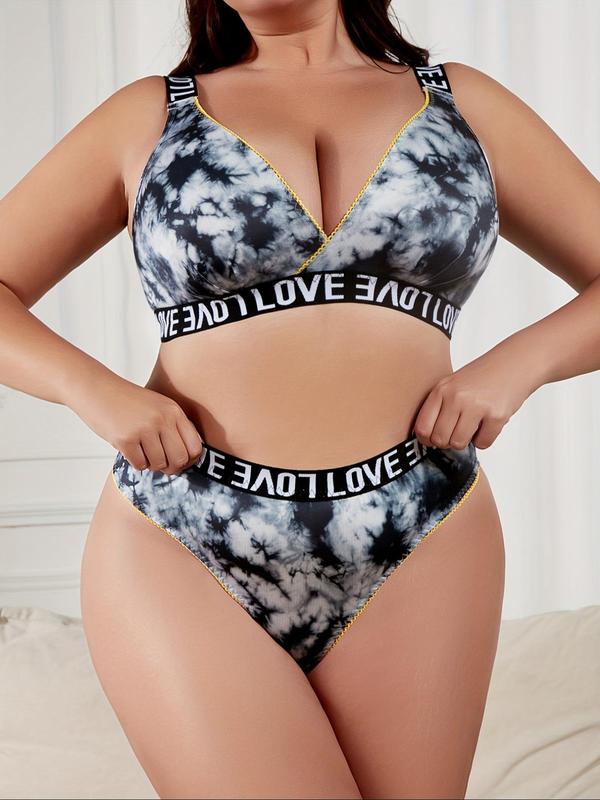 Plus Size Tie Dye Letter Tape Lace Trim Deep V Neck Bra & High Waist Panty Set, Soft Comfy Breathable Underwear Set, Sexy Lingerie Set for All Seasons