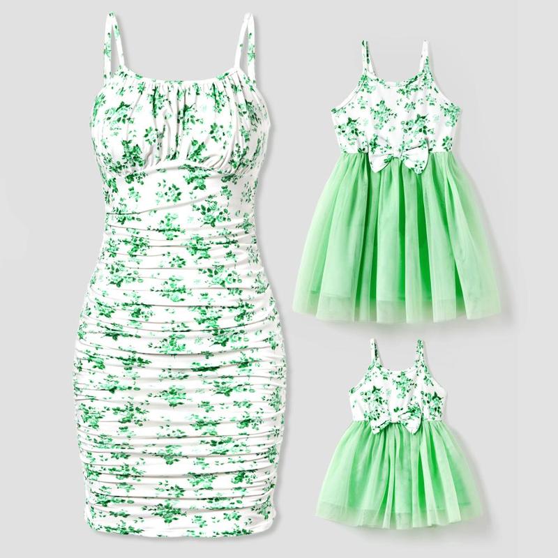 PatPat Mommy and Me Green Floral Ruched Bodycon Strap Dress or Spliced Mesh Strap Dress