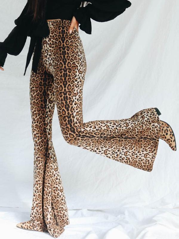 Women's Leopard Print High Waist Flare Leg Pants, Street Style Bell Bottom Trousers For Party Club, Ladies Bottoms For All Seasons